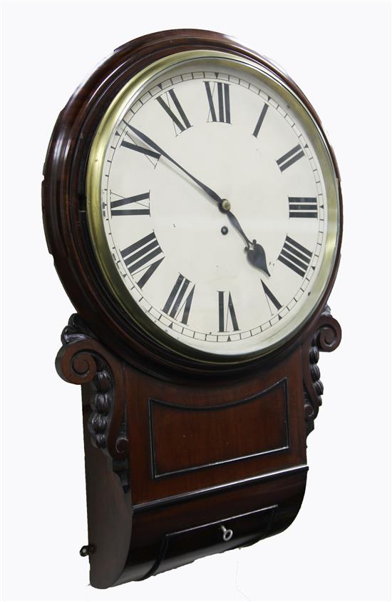 An early Victorian mahogany drop dial wall timepiece, 2ft 2in.